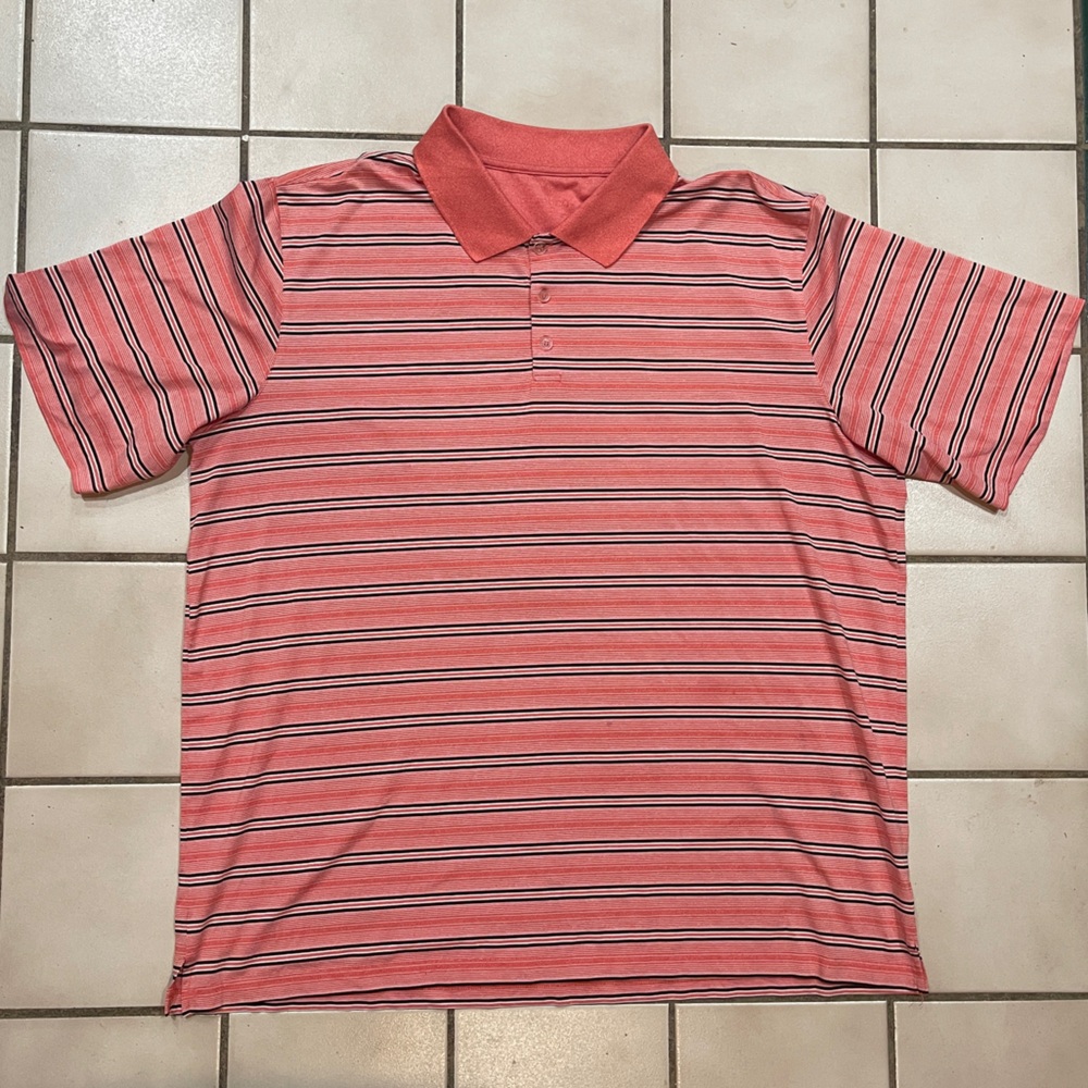 Men’s Short Sleeve Polo Shirt•Orange collar•Orange, Black & White Stripes•2XL